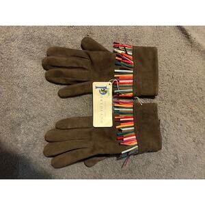 Ortolano Gloves Womens Brown Suede Leather Fringe Multicolor Cuff New with Tags